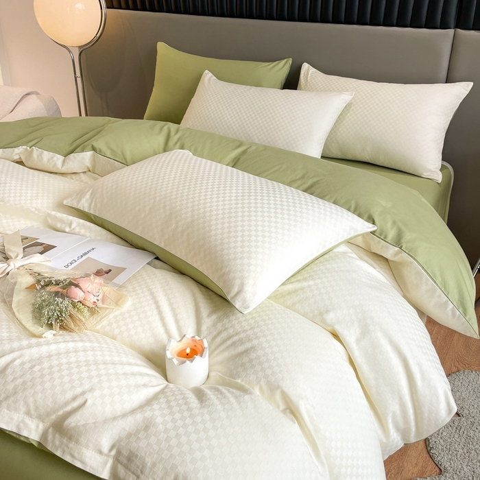 91家纺网 家纺一手货源 找家纺 琪格格纺织 2025新款60S长绒棉纯棉小方格四件套单被套 60长绒棉-奶昔白+果绿