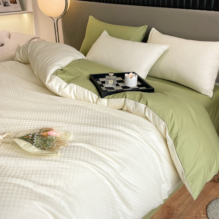 91家纺网 家纺一手货源 找家纺 琪格格纺织 2025新款60S长绒棉纯棉小方格四件套单被套 60长绒棉-奶昔白+果绿