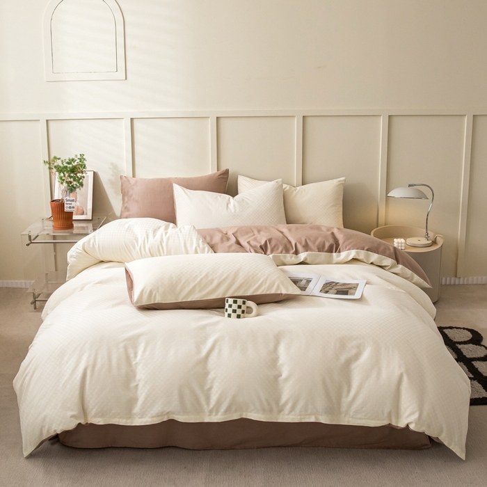 91家纺网 家纺一手货源 找家纺 琪格格纺织 2025新款60S长绒棉纯棉小方格四件套单被套 60长绒棉-奶昔白+摩卡棕