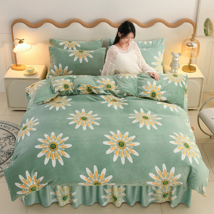 91家纺网 家纺一手货源 找家纺 圣靓 2025新款高克重牛奶绒四件套印花床裙款 冬日暖阳