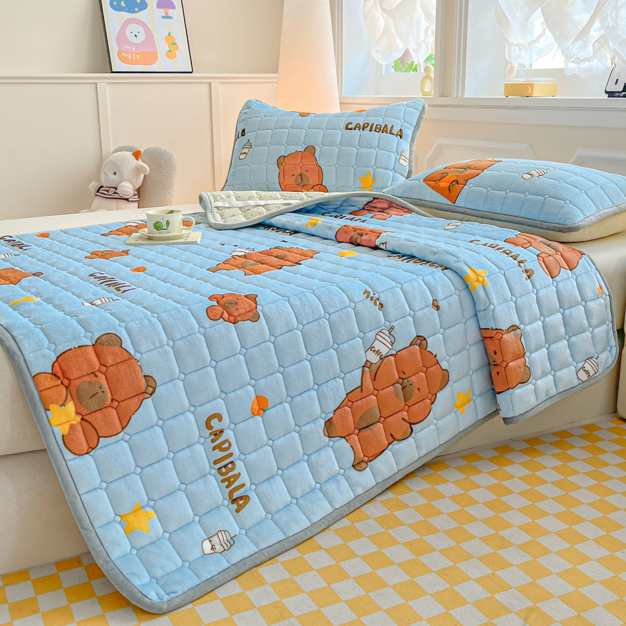 91家纺网 家纺一手货源 找家纺 小叮当家纺仓储工厂店 2025新款牛奶绒夹棉印花床垫床护垫大床图 绒床垫-奶茶屯屯蓝色