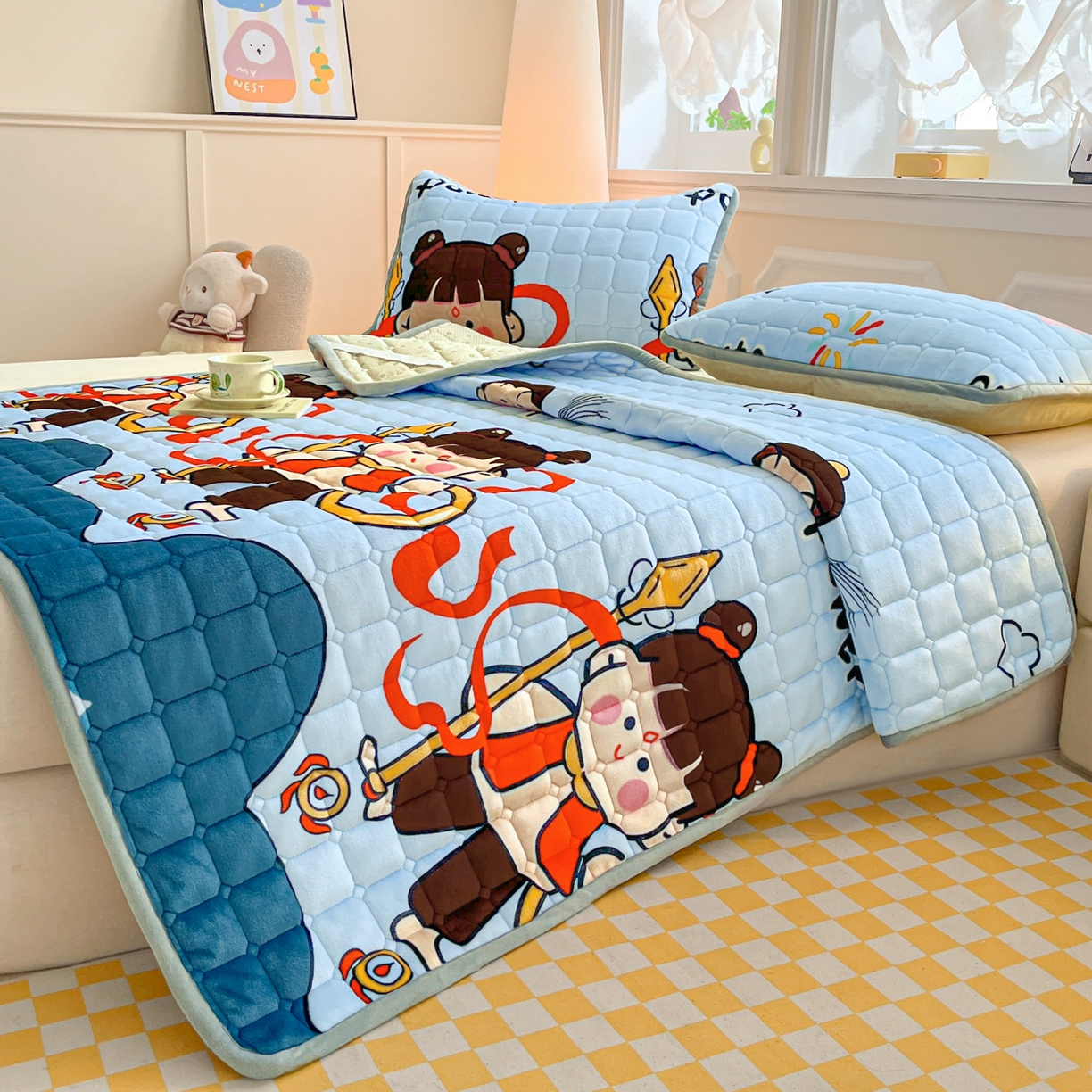 91家纺网 家纺一手货源 找家纺 小叮当家纺仓储工厂店 2025新款牛奶绒夹棉印花床垫床护垫大床图 绒床垫-嬉戏之子