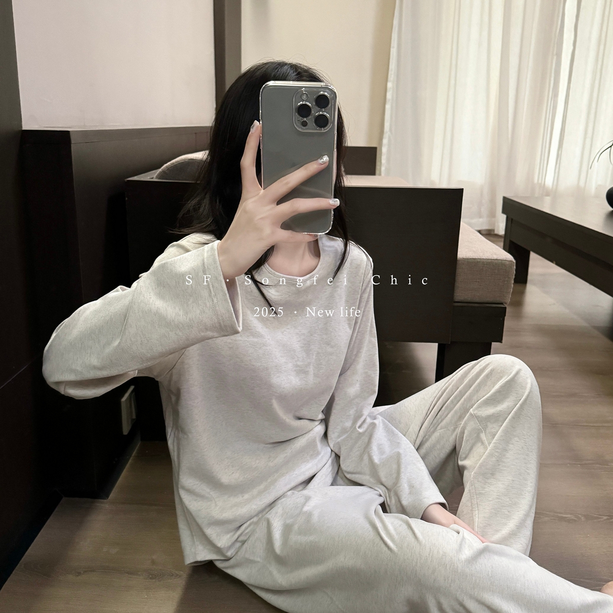 91家纺网 家纺一手货源 找家纺 妍景家居生活馆 2025新款D-3734 自带胸垫款纯色圆领款 米灰