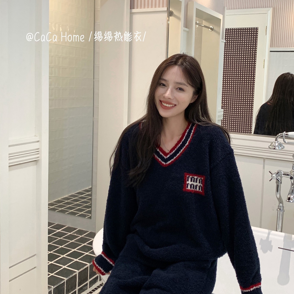 91家纺网 家纺一手货源 找家纺 妍景家居生活馆 2025新款半边绒-V领学院套装 复古蓝