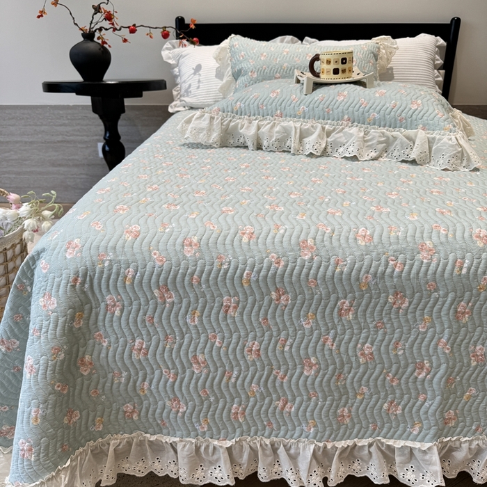 91家纺网 家纺一手货源 找家纺 奈萝家纺 2025新款全棉纯棉床盖三件套可配同款四季被同款被套 沐辰花绿