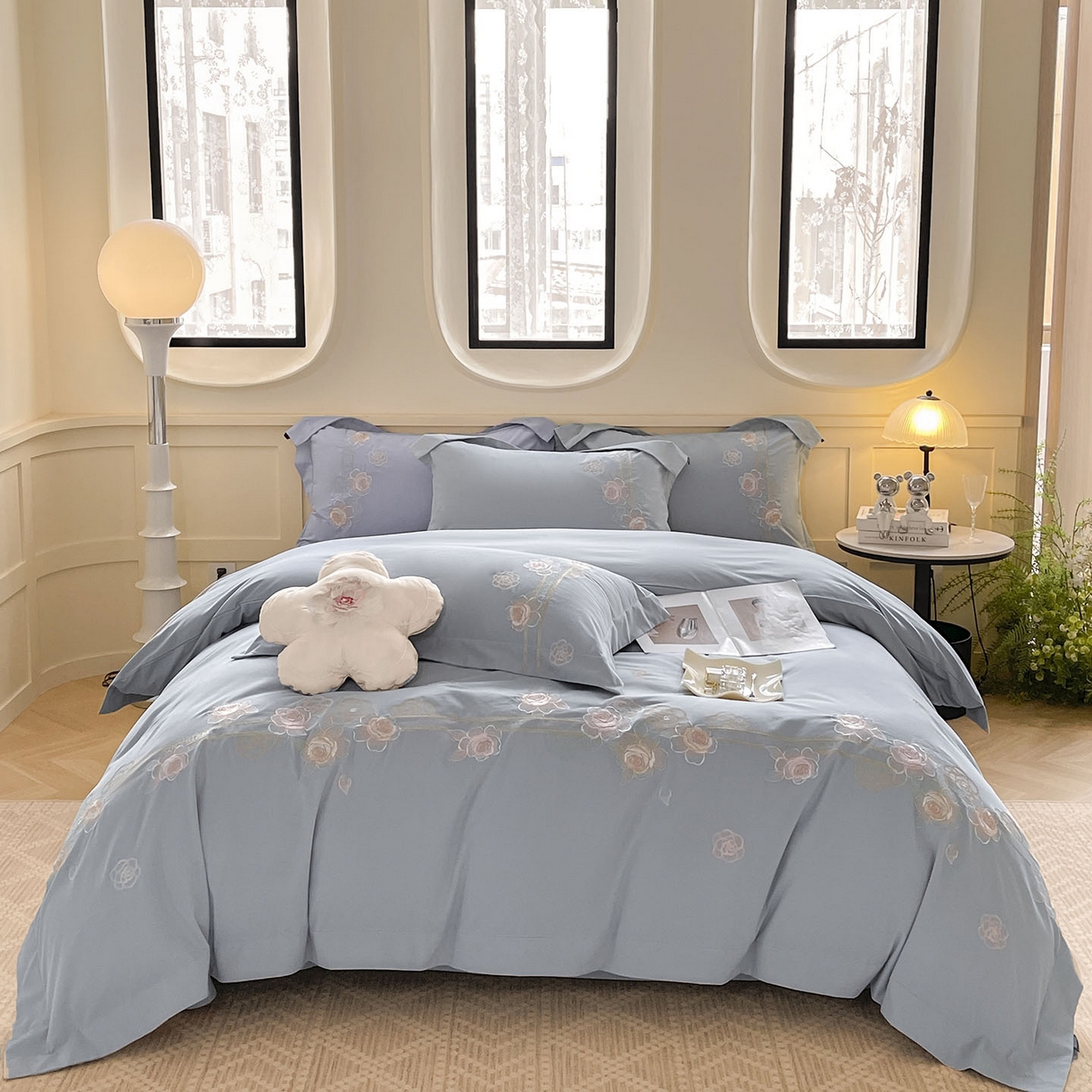 91家纺网 家纺一手货源 找家纺  秋冬季爆款A类加厚保暖全棉磨毛四件套纯棉被套重工刺绣床笠款轻奢高端床上用品 温莎-夜灰