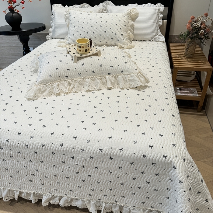 91家纺网 家纺一手货源 找家纺 奈萝家纺 2025新款全棉纯棉床盖三件套可配同款四季被同款被套 蝴蝶结