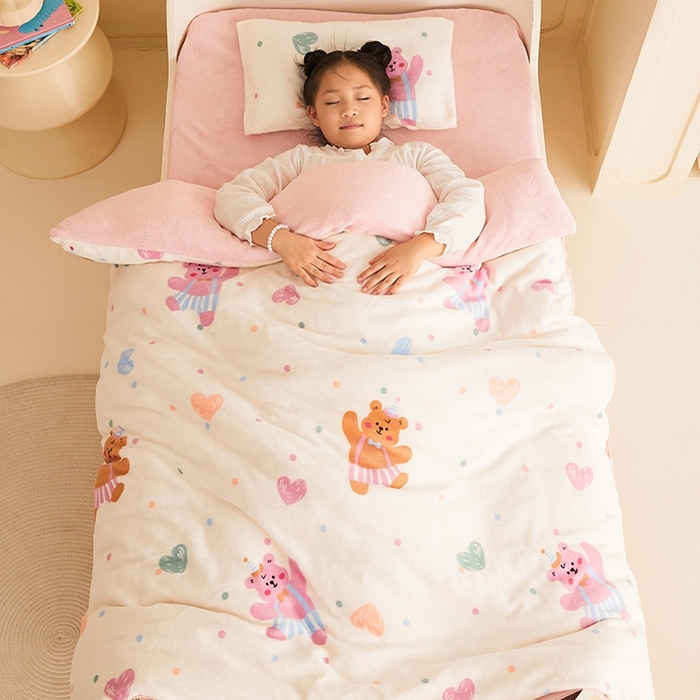 嗨生活 2025新款牛奶絨多功能兒童蓋毯式可脫卸被套大豆被芯幼兒園被子 兒童被子 愛心小熊