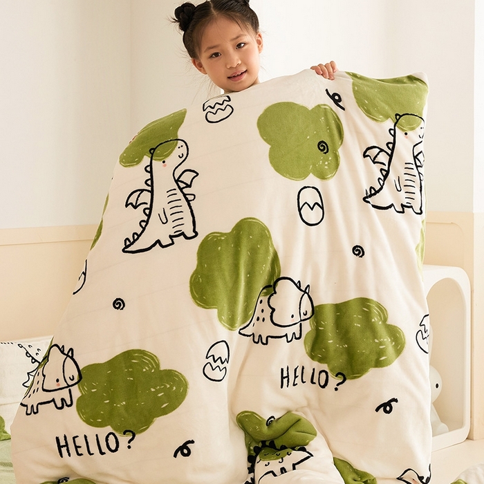 91家纺网 家纺一手货源 找家纺 嗨生活 2025新款牛奶绒多功能儿童盖毯式可脱卸被套大豆被芯幼儿园被子 儿童被子 呆萌恐龙
