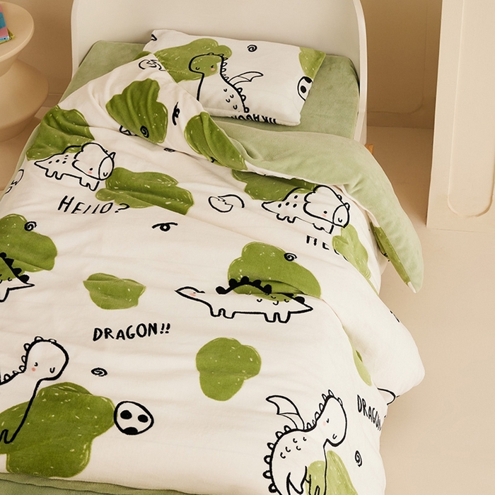 91家纺网 家纺一手货源 找家纺 嗨生活 2025新款牛奶绒多功能儿童盖毯式可脱卸被套大豆被芯幼儿园被子 儿童被子 呆萌恐龙