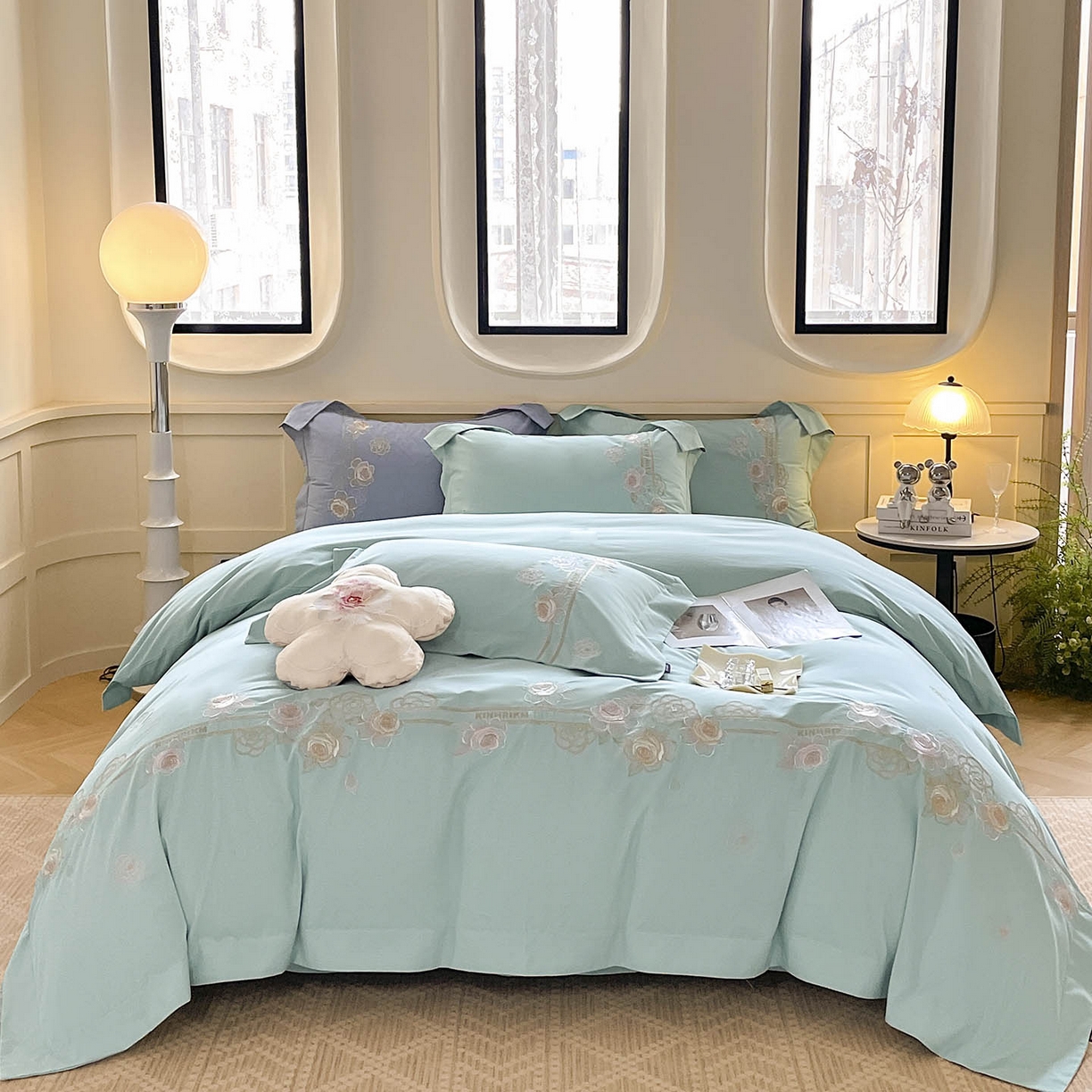 91家纺网 家纺一手货源 找家纺  秋冬季爆款A类加厚保暖全棉磨毛四件套纯棉被套重工刺绣床笠款轻奢高端床上用品 温莎-茶绿