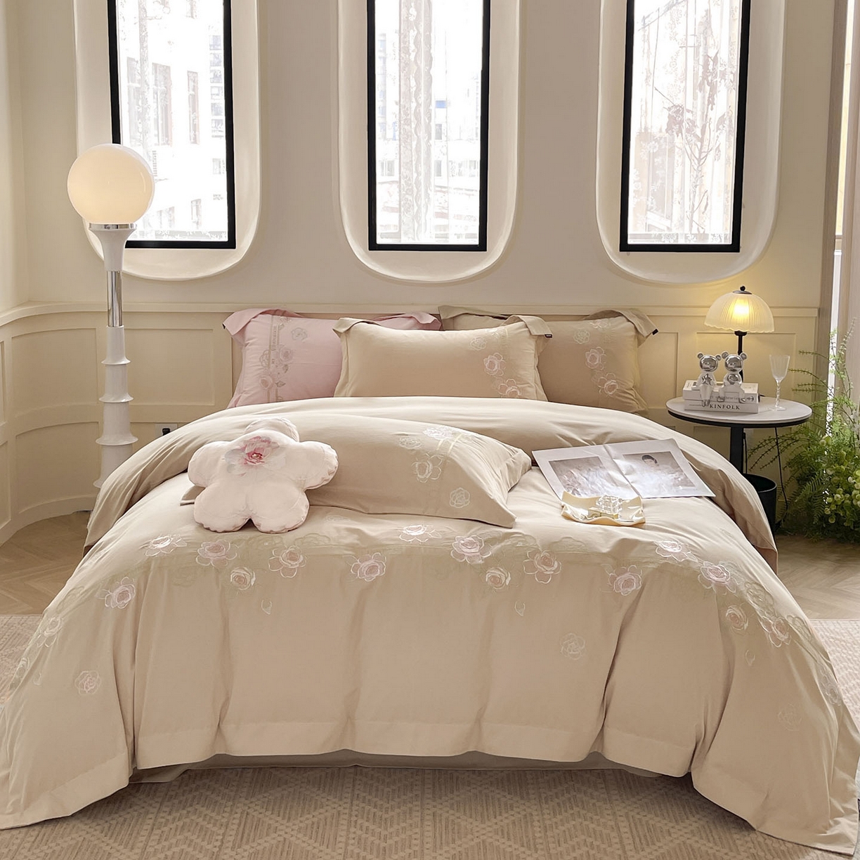 91家纺网 家纺一手货源 找家纺  秋冬季爆款A类加厚保暖全棉磨毛四件套纯棉被套重工刺绣床笠款轻奢高端床上用品 温莎-拿铁