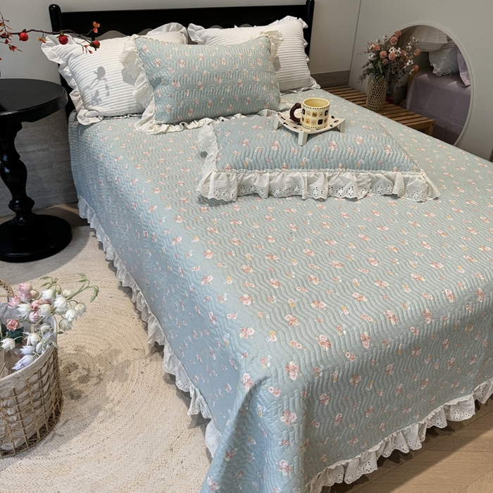 91家纺网 家纺一手货源 找家纺 奈萝家纺 2025新款全棉纯棉床盖三件套可配同款四季被同款被套 沐辰花绿