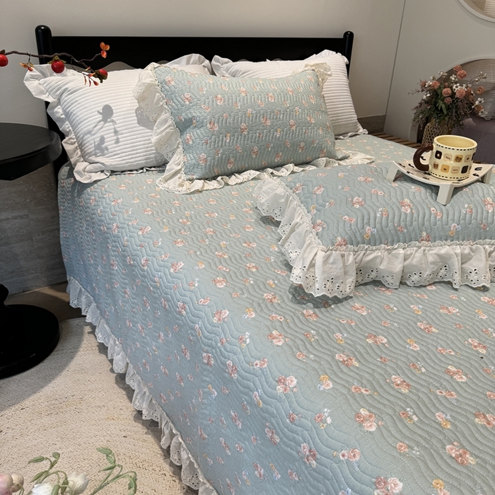 91家纺网 家纺一手货源 找家纺 奈萝家纺 2025新款全棉纯棉床盖三件套可配同款四季被同款被套 沐辰花绿