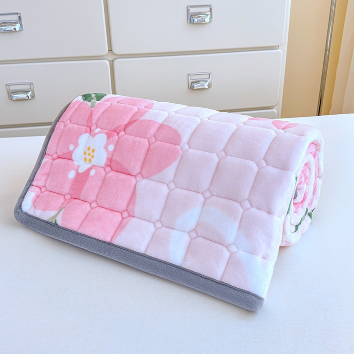 91家纺网 家纺一手货源 找家纺 小叮当家纺仓储工厂店 2025新款牛奶绒夹棉印花床垫学生图 绒床垫-花簇甜憩粉色