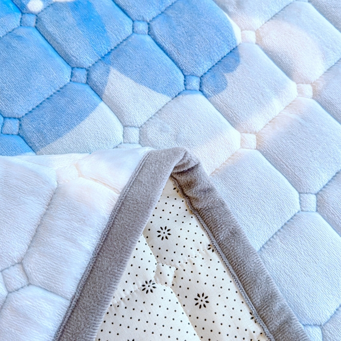 91家纺网 家纺一手货源 找家纺 小叮当家纺仓储工厂店 2025新款牛奶绒夹棉印花床垫学生图 绒床垫-花簇甜憩蓝色