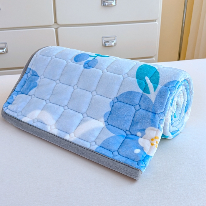 91家纺网 家纺一手货源 找家纺 小叮当家纺仓储工厂店 2025新款牛奶绒夹棉印花床垫学生图 绒床垫-花簇甜憩蓝色