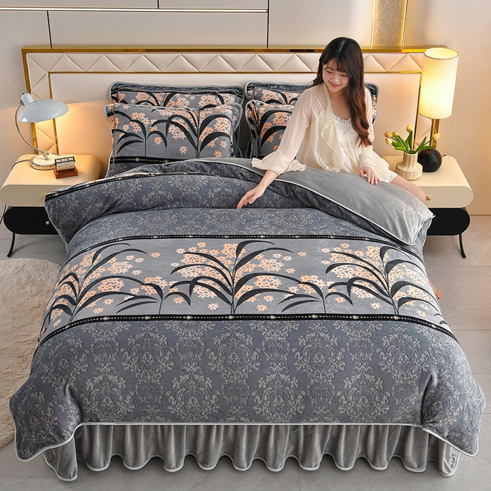 91家纺网 家纺一手货源 找家纺  妮恒美 2025新款牛奶绒印花床裙款四件套法莱绒四件套珊瑚金貂绒四件套 五谷丰登