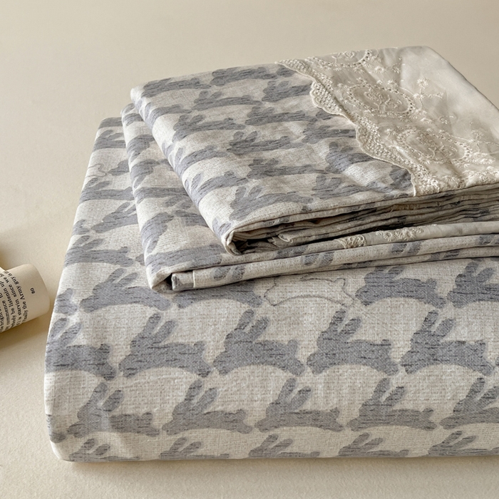 一比一家纺 2025新款花边原麻床单三件套 兔宝宝-蓝