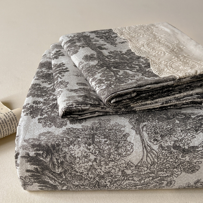 91家纺网 家纺一手货源 找家纺 （总）一比一家纺 2025新款花边原麻床单三件套