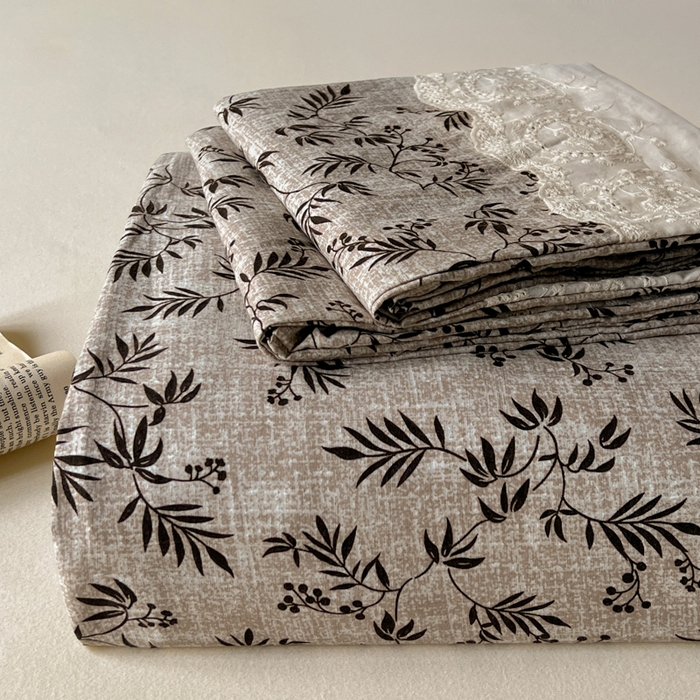 一比一家纺 2025新款花边原麻床单三件套 枝蔓-咖
