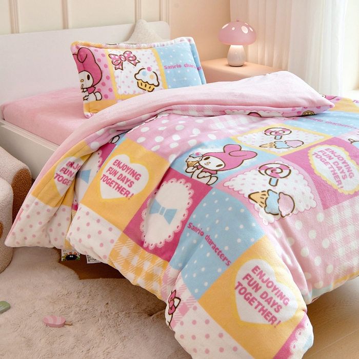 91家纺网 家纺一手货源 找家纺 吉咪兔家纺 2024新品正版三丽鸥库洛米美乐蒂牛奶绒幼儿园被子三件套保暖被褥六件套 KT美乐蒂