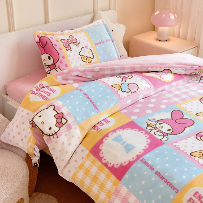 91家纺网 家纺一手货源 找家纺 吉咪兔家纺 2024新品正版三丽鸥库洛米美乐蒂牛奶绒幼儿园被子三件套保暖被褥六件套 KT美乐蒂