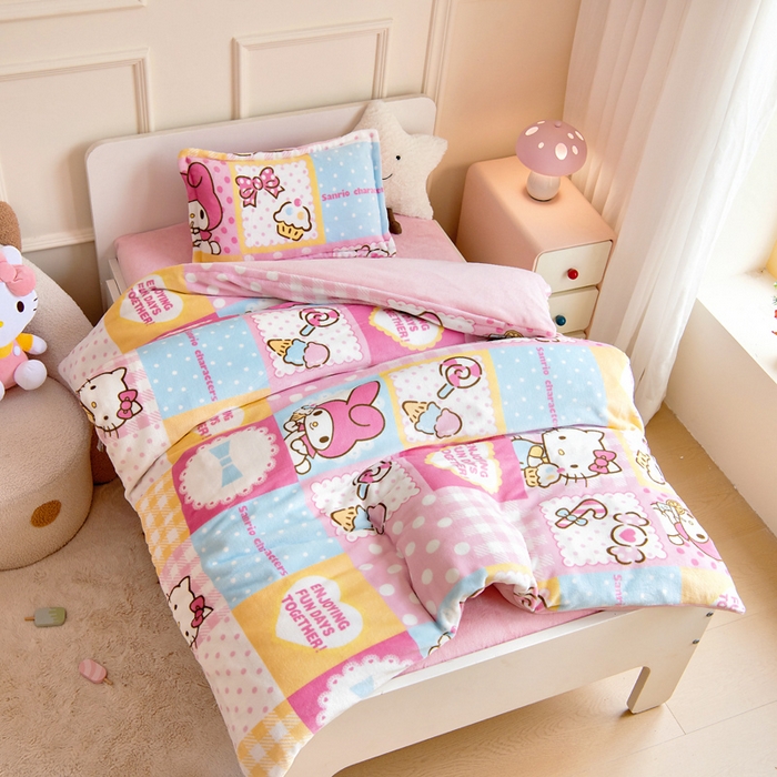 91家纺网 家纺一手货源 找家纺 吉咪兔家纺 2024新品正版三丽鸥库洛米美乐蒂牛奶绒幼儿园被子三件套保暖被褥六件套 KT美乐蒂