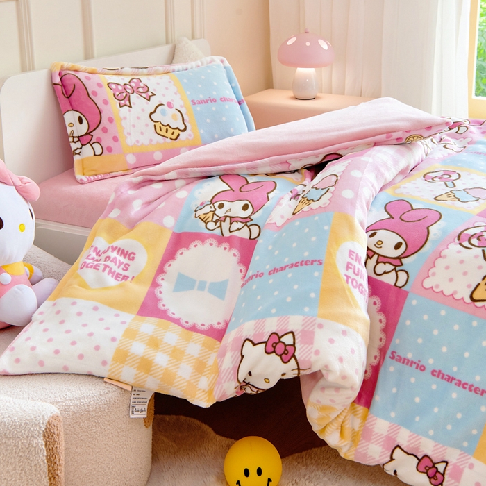 91家纺网 家纺一手货源 找家纺 吉咪兔家纺 2024新品正版三丽鸥库洛米美乐蒂牛奶绒幼儿园被子三件套保暖被褥六件套 KT美乐蒂