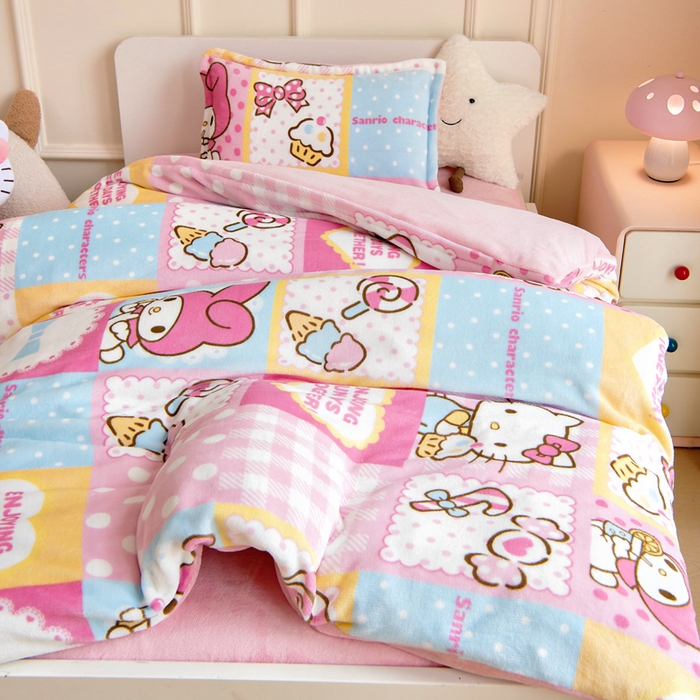 91家纺网 家纺一手货源 找家纺 吉咪兔家纺 2024新品正版三丽鸥库洛米美乐蒂牛奶绒幼儿园被子三件套保暖被褥六件套 KT美乐蒂