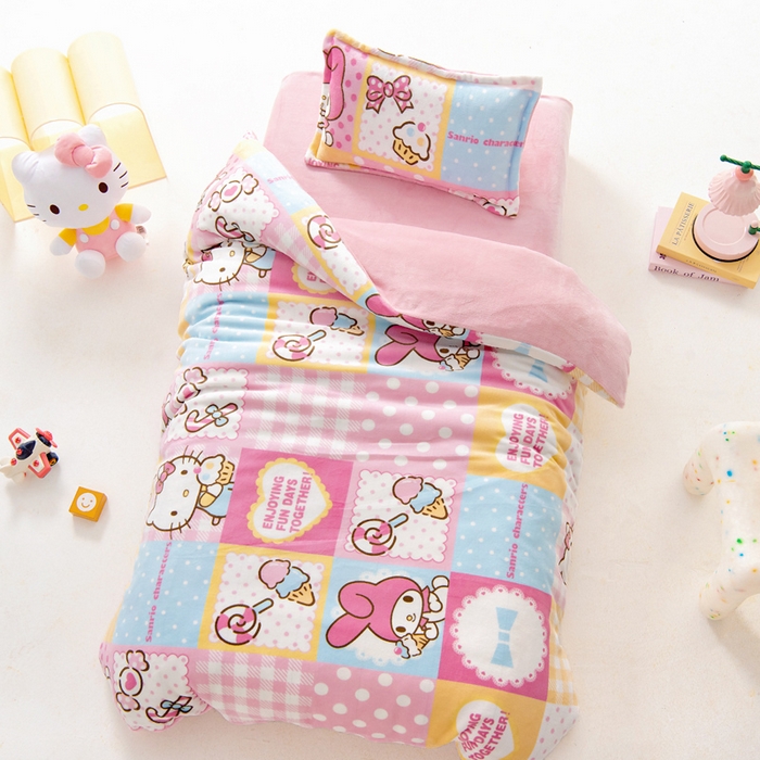 91家纺网 家纺一手货源 找家纺 吉咪兔家纺 2024新品正版三丽鸥库洛米美乐蒂牛奶绒幼儿园被子三件套保暖被褥六件套 KT美乐蒂