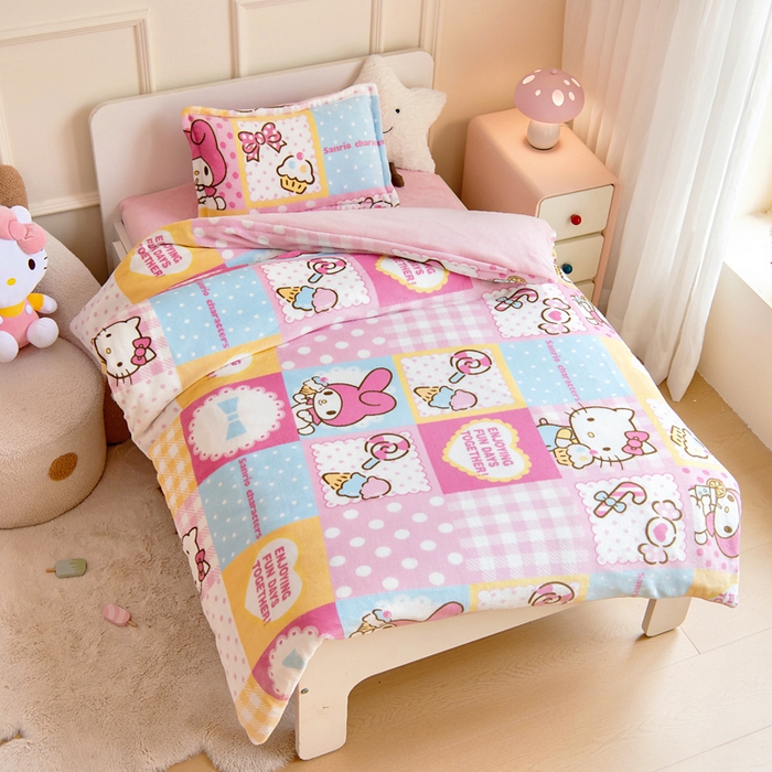 91家纺网 家纺一手货源 找家纺 吉咪兔家纺 2024新品正版三丽鸥库洛米美乐蒂牛奶绒幼儿园被子三件套保暖被褥六件套 KT美乐蒂