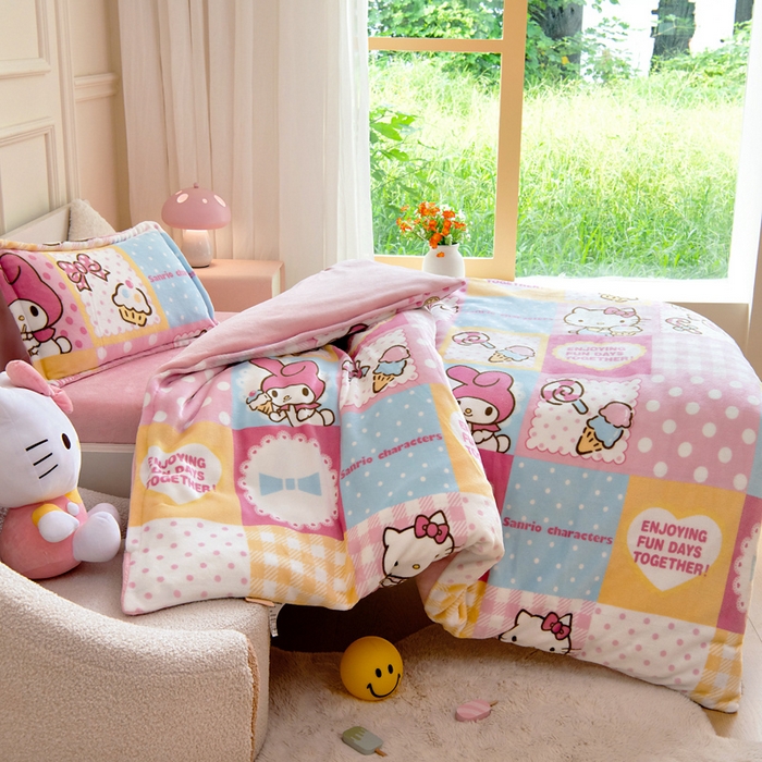 91家纺网 家纺一手货源 找家纺 吉咪兔家纺 2024新品正版三丽鸥库洛米美乐蒂牛奶绒幼儿园被子三件套保暖被褥六件套 KT美乐蒂