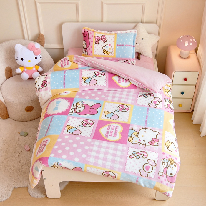 91家纺网 家纺一手货源 找家纺 吉咪兔家纺 2024新品正版三丽鸥库洛米美乐蒂牛奶绒幼儿园被子三件套保暖被褥六件套 KT美乐蒂