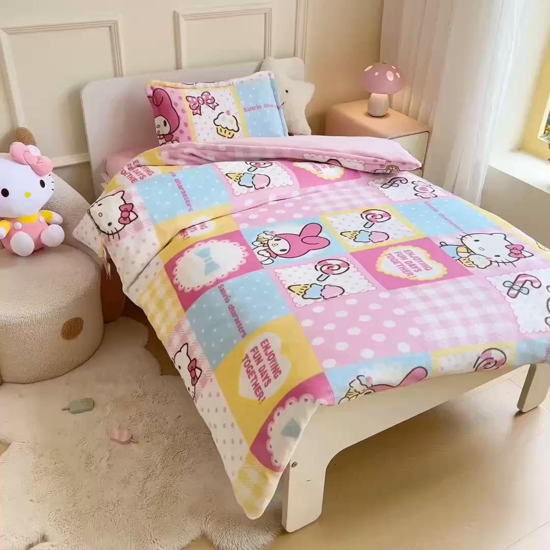 91家纺网 家纺一手货源 找家纺 吉咪兔家纺 2024新品正版三丽鸥库洛米美乐蒂牛奶绒幼儿园被子三件套保暖被褥六件套 KT美乐蒂
