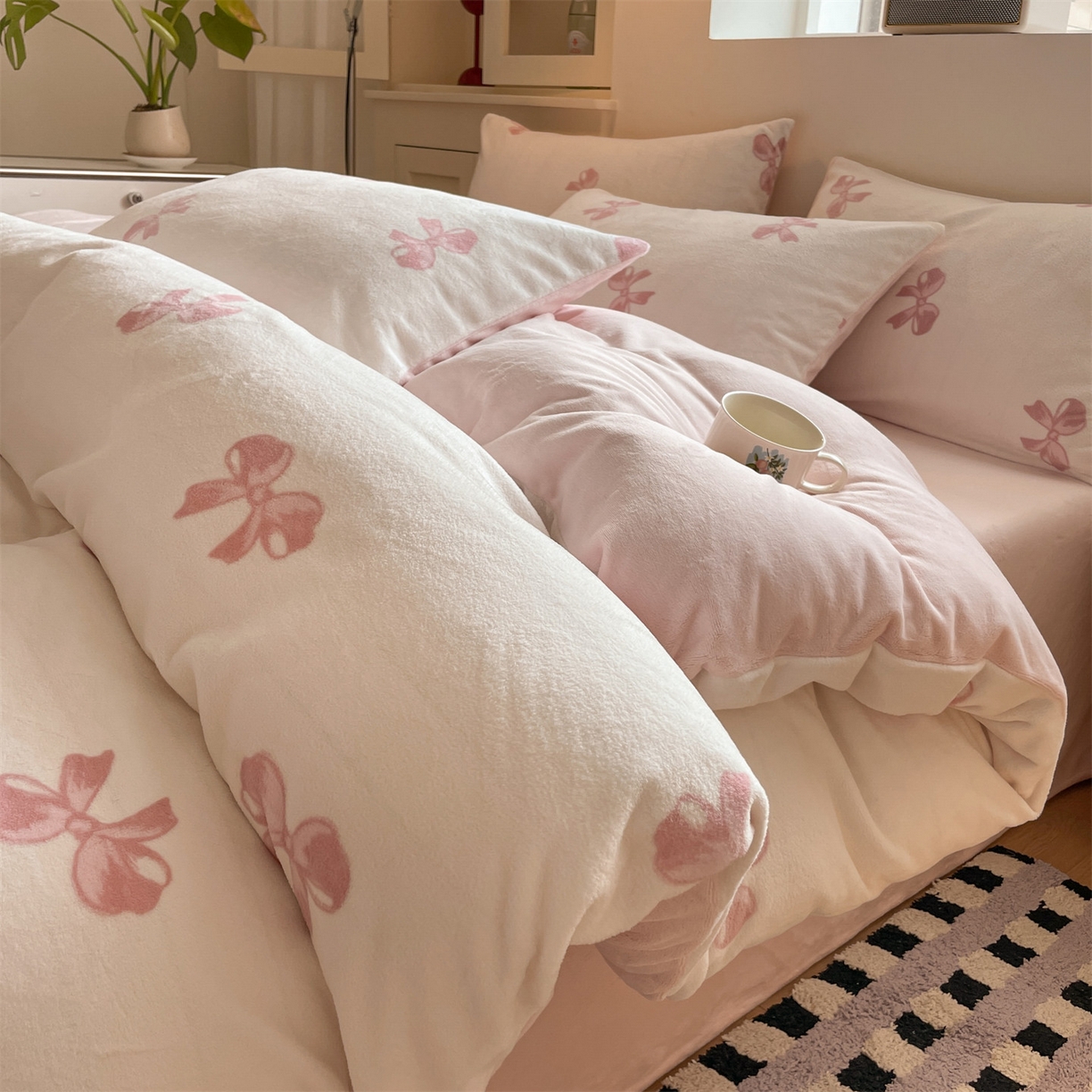 如约 2025新款印花牛奶绒四件套 蝶梦-粉