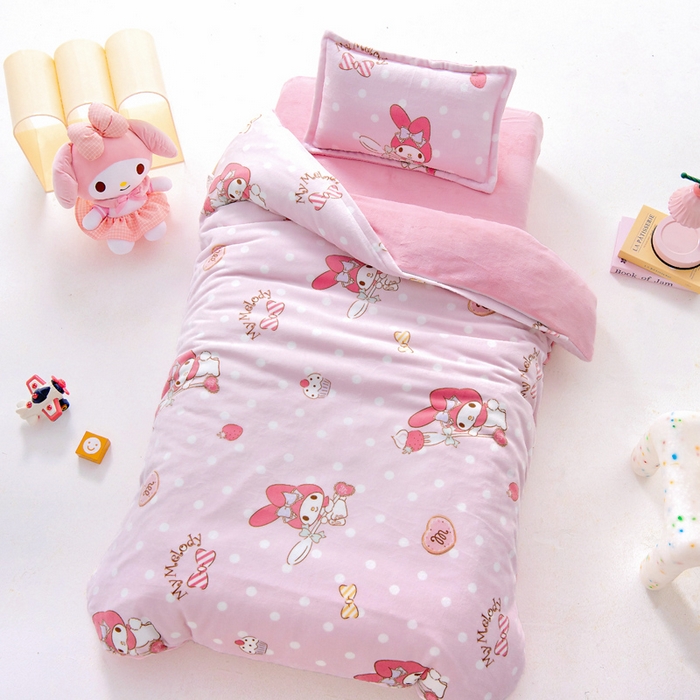 91家纺网 家纺一手货源 找家纺 吉咪兔家纺 2024新品正版三丽鸥库洛米美乐蒂牛奶绒幼儿园被子三件套保暖被褥六件套 奶油美乐蒂