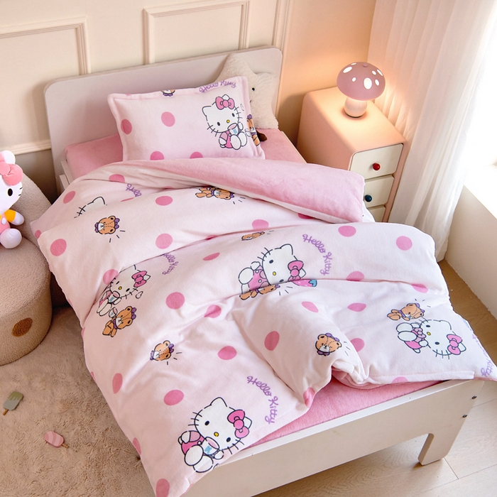 91家纺网 家纺一手货源 找家纺 吉咪兔家纺 2024新品正版三丽鸥库洛米美乐蒂牛奶绒幼儿园被子三件套保暖被褥六件套 泡泡KT猫