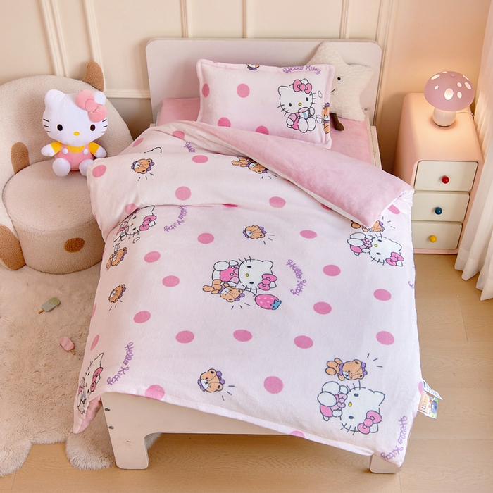 91家纺网 家纺一手货源 找家纺 吉咪兔家纺 2024新品正版三丽鸥库洛米美乐蒂牛奶绒幼儿园被子三件套保暖被褥六件套 泡泡KT猫