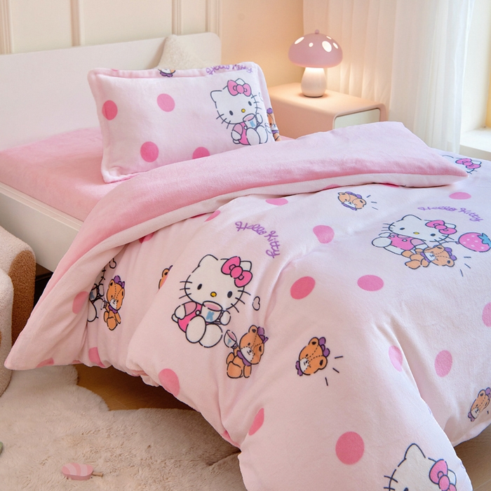 91家纺网 家纺一手货源 找家纺 吉咪兔家纺 2024新品正版三丽鸥库洛米美乐蒂牛奶绒幼儿园被子三件套保暖被褥六件套 泡泡KT猫