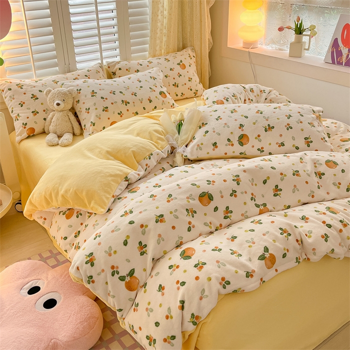 91家纺网 家纺一手货源 找家纺 如约 2025新款印花牛奶绒四件套 砂糖橘-绒