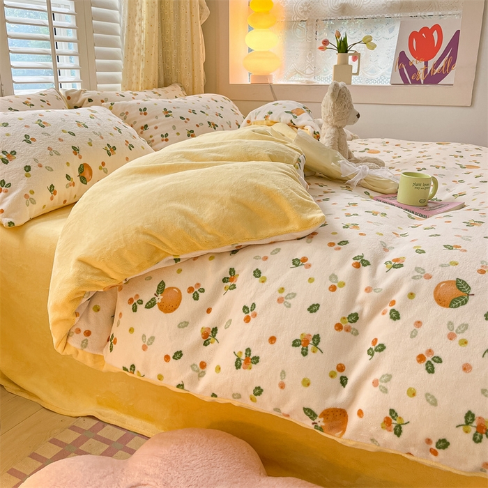 91家纺网 家纺一手货源 找家纺 如约 2025新款印花牛奶绒四件套 砂糖橘-绒