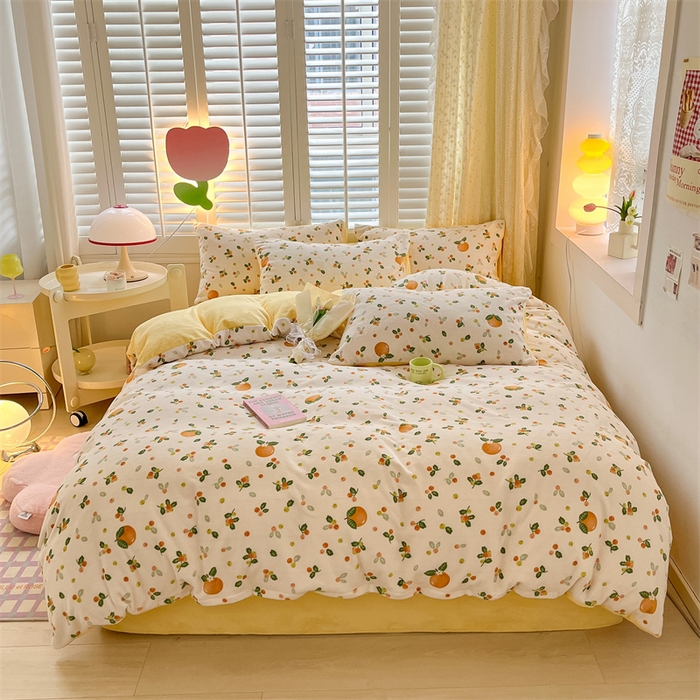 91家纺网 家纺一手货源 找家纺 如约 2025新款印花牛奶绒四件套 砂糖橘-绒