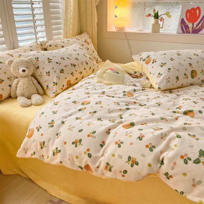 91家纺网 家纺一手货源 找家纺 如约 2025新款印花牛奶绒四件套 砂糖橘-绒