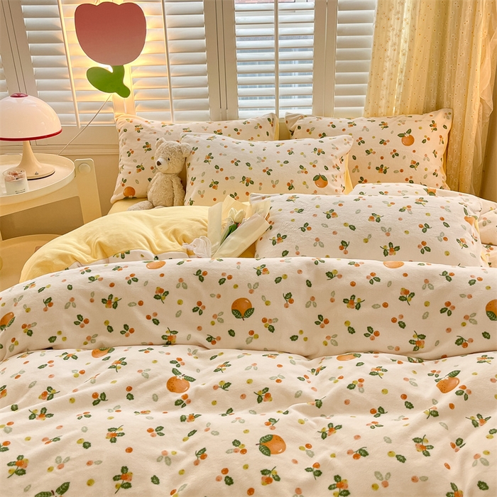 91家纺网 家纺一手货源 找家纺 如约 2025新款印花牛奶绒四件套 砂糖橘-绒