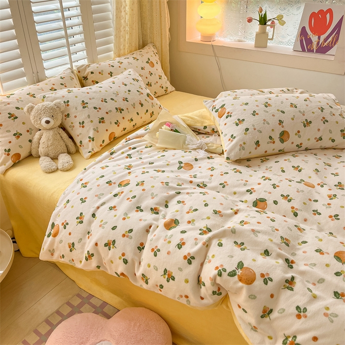 91家纺网 家纺一手货源 找家纺 如约 2025新款印花牛奶绒四件套 砂糖橘-绒