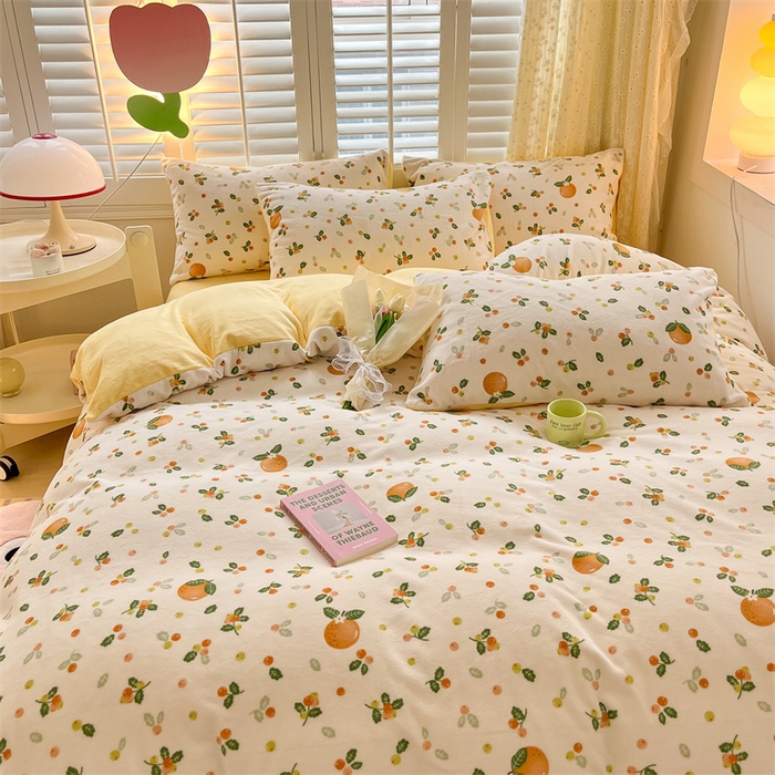 91家纺网 家纺一手货源 找家纺 如约 2025新款印花牛奶绒四件套 砂糖橘-绒