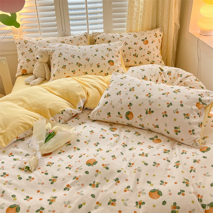 91家纺网 家纺一手货源 找家纺 如约 2025新款印花牛奶绒四件套 砂糖橘-绒