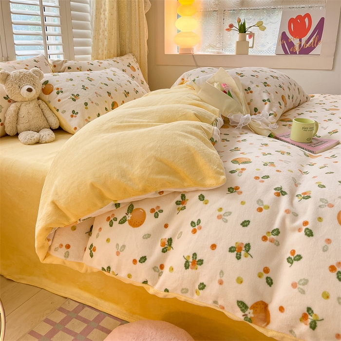 91家纺网 家纺一手货源 找家纺 如约 2025新款印花牛奶绒四件套 砂糖橘-绒