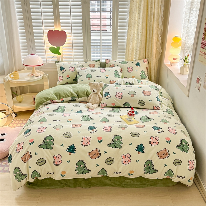 91家纺网 家纺一手货源 找家纺 如约 2025新款印花牛奶绒四件套 动物乐园